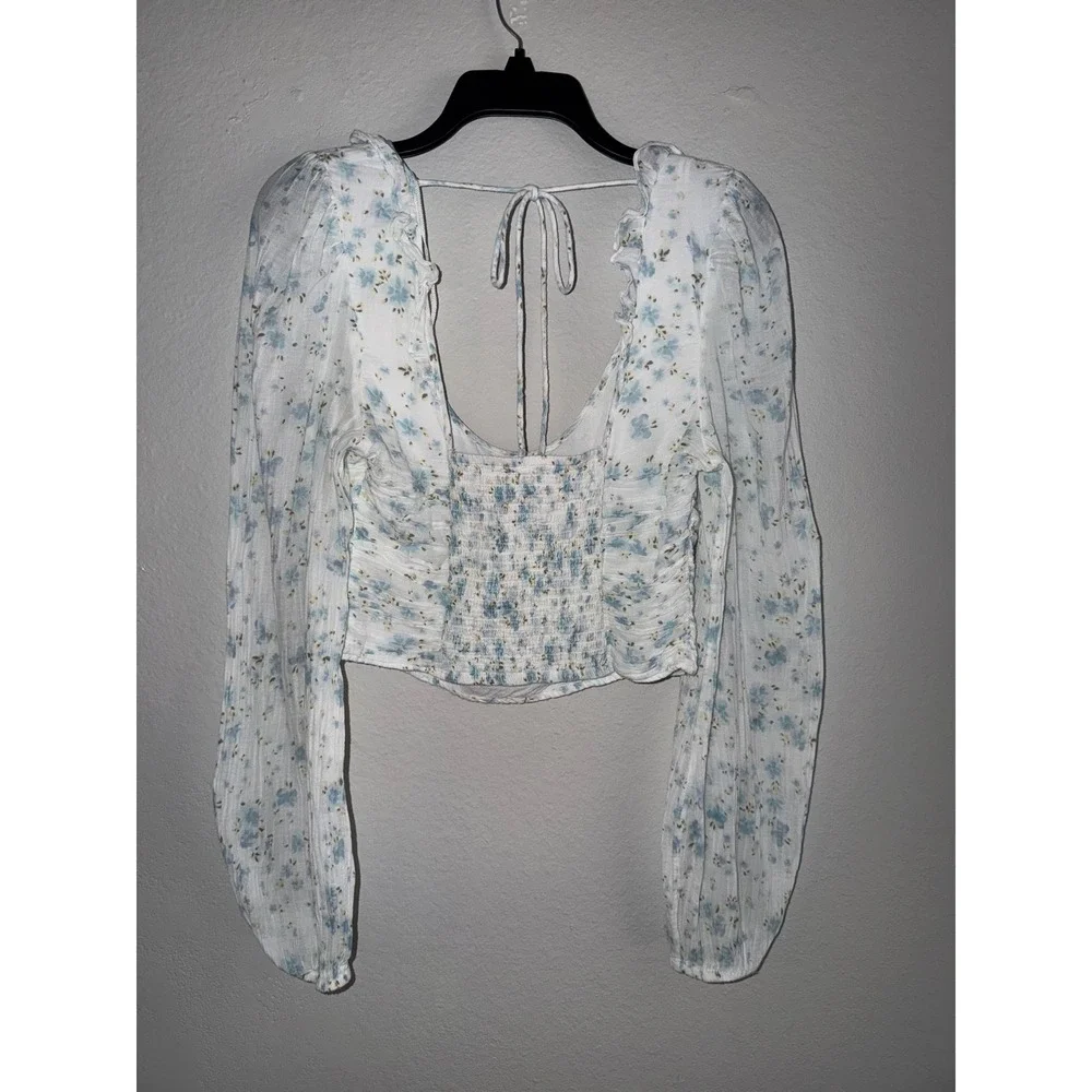 Free People Blue Floral Smocked Back Ruffle Crop Top Long Sleeve Womens Medium
